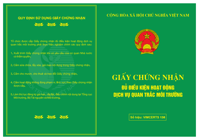 Giấy chứng nhận đủ điều kiện hoạt động DV Quan trắc môi trường mới của Viện Môi trường và Tài nguyên